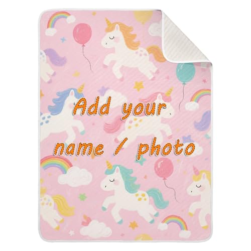 Custom Cute Cartoon White Rainbow Unicorns Blanket Baby Girl boy Breathable Customization Kitten Baby Name Blanket Personalized for Girls or Boys 30x40in necesarias para Bebes