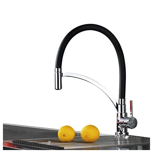 Grifo de cocina extraíble Goma de grado alimenticio 360° Giratorio Negro Grifo de fregadero Grifería cocina Monomando fregadero Agua Fría y Caliente