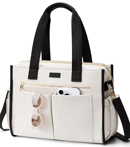 Image of Canvas Tote Bag for Women, 15-Pockets Work Laptop Tote Purse Large Crossbody Nurse Teacher Bible Bag for School Travel Daily | with Strap & Zipper