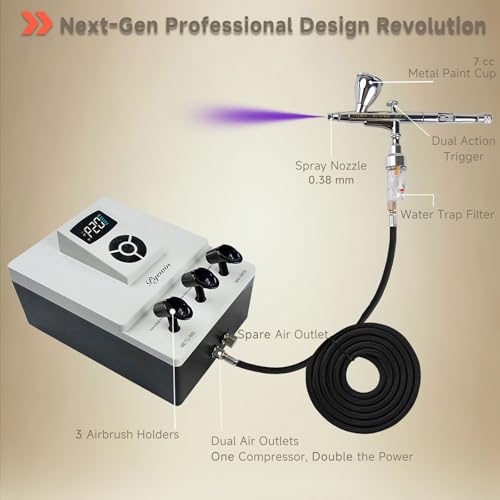 85PSI Air Brush Kit with Air Compressor, Dual-Action Airbrush Set with Compressor, 20-Gear, Low-Noise, Dual 1/8" Threaded Air Outlet, Compatible with High-End Airbrush - Image 4
