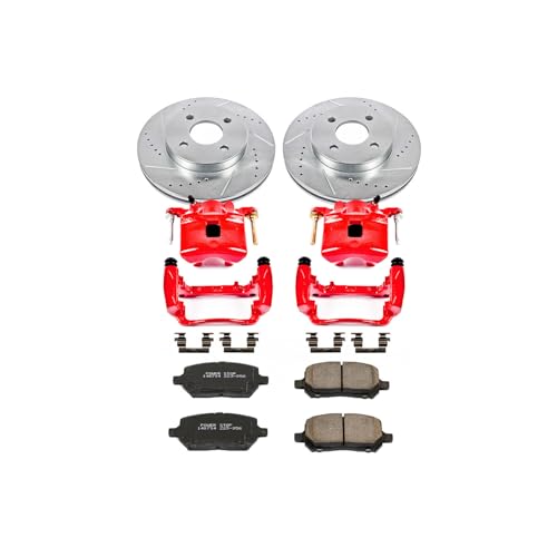 Image of PowerStop Front Brake Kit for Chevrolet Cobalt 2005-10 |Pontiac G5 2007-10 |Saturn Ion 2003-07 - Carbon-Fiber Ceramic Brake Pads + Drilled & Slotted Rotors + Red Powder Coated Calipers, KC1604