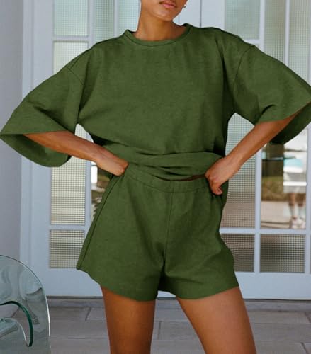 Image of Tankaneo Womens Pajama Sets 3 /4 Sleeve Oversized Tops & Loose Fit Shorts Lounge Set with Pockets Loungewear