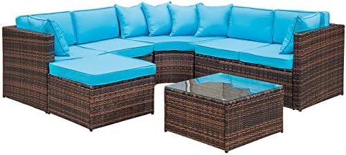 Julyfox 5 Piece PE Rattan All Weather Wicker Furniture Set, Indoor Outdoor Patio Sectional Sofa with Chaise Coffee Table Glass Top Blue Cushions Brown Thick Wicker for Garden Pool Side Home