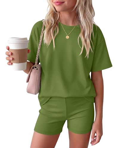 Image of Oakgarden Summer Outfits for Girls 5-14Y Athletic Casual Sets Kid Short Sleeve Shirt Bike Shorts 2 Piece Tween Trendy Clothes