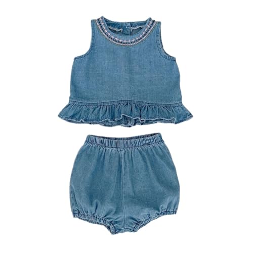 HOOLCHEAN Baby Infant Girls Soft Denim Sweet Sleeveless Ruffle Hem T-shirt Dress and Shorts Set