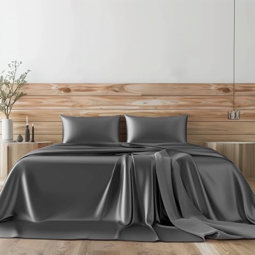 SKS Linen 100% Mulberry Silk Sheet Set - 22 Momme Grade 6A 21 Inch Deep Pocket Luxurious Bed Sheets for Ultimate Comfort California King-Dark Grey