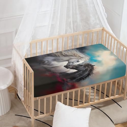 Image of Crazy Horse Baby Crib Sheet 52''x28'' Fitted Crib Mattress Sheet for Boy Girl Soft Nursery Bed Sheet for Standard Crib and Toddler Mattress, Blue