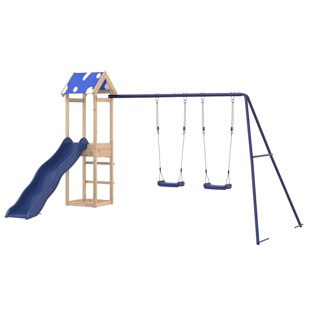 Spielturm Massivholz Kiefer mit Wellenrutsche und Doppelschaukel, Klettergerüst für Garten und Terrasse, Outdoor Spielplatz mit Sandkasten, Robustes Gartenspielzeug für Kinder ab 3 Jahren