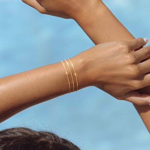 Bracelet for Women - Dainty Stack Bracelets Trendy Adjustable 14K Gold Plated Thin Paperclip Bead Box Satellite Figaro Cuban Link Chain Bracelet Set for Women Waterproof Jewelry Gift