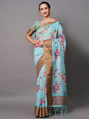 Image of AKHILAM Women's Ikat Linen Saree With Blouse Piece