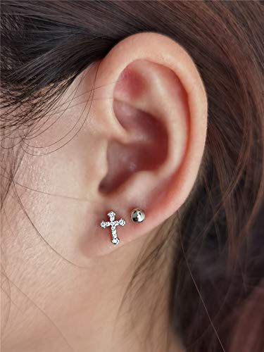 Zetshion Cz Cross 20G Barbell Ball Stud Sterling Silver Earrings For Women Girls Cubic Zirconia Tiny Small Studs Cartilage Tragus 4Mm Bead Screw Back Hypoallergenic Thin Faux Piercing Body (Silver) 1 thumb #3
