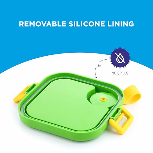 Image of Homeor Stainless Steel Box with Spoon, Tiffin Box for Kids, Airtight BPA Free & Leakproof Lunch Box, Steel Box for School Girls and Boys, Snacks Tiffin for Kids, 500 ML, Yellow & Green