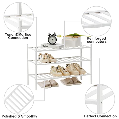 Quiqear Bamboo Shoe Rack, 3 Tier Shoe Rack Organizer, Stackable & Durable Shoe Shelf Holder, Free Standing Shoe Racks, Shoe Storage Organizer For Entryway, Closet, Hallway, 27.2*11*18.3Inch (White) #TOP6