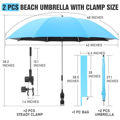 Image of 2 PACK Beach Umbrella with Clamp, 360 Adjustable Umbrellas for Chair, UPF50+ Umbrella for Beach Chair, Patio Chair, Wheelchair, Camping Chair, Golf Carts (Chair Not Included)