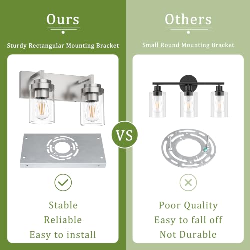 Image of Bathroom Vanity Fixtures, 2 Light Matte Nickel Vanity Light with Clear Glass Shade, 15in Farmhouse wall Light, Lighting Fixture Over Mirror for Bathroom