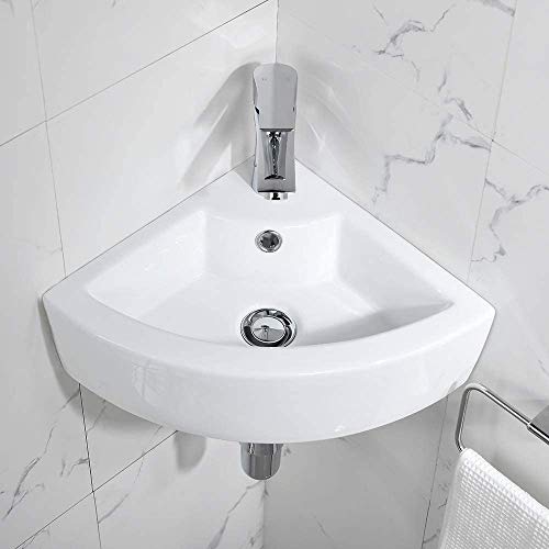 Bokaiya Small Wall Mount Corner Bathroom Sink and Faucet Combo with Overflow Triangle White Porcelain Ceramic Wall Mount Mini Vanity Space Bathroom sink, Brushed Nickel Faucet and Drain Combo - Thumbnail 3