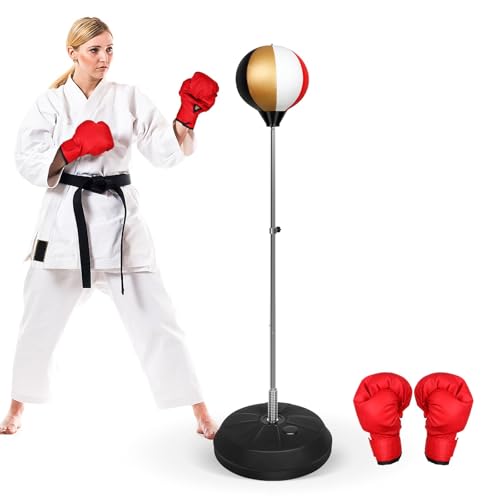 Speed Ball Stand Punching Bag with Gloves, Fitness Reflex Bag, Boxing Bag for Adults, Great for MMA Training(Red Gold)