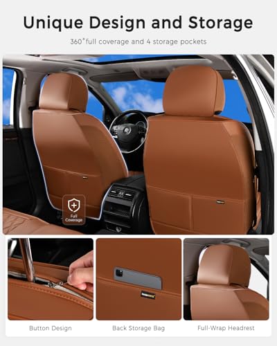 Image of Huidasource Brown Front Seat Covers, Nappa Leather Front Car Seat Covers, Side Elastic Fabric, Compatible with Airbags, Seat Belts, Universal Fit for Most Cars, Vans, Trucks, SUV (Front Pair /Brown)