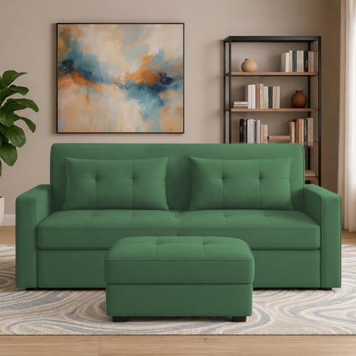 Image of Emilio 2-Seater Sofa Cum Bed for Living Room, Office & Home with Center Table | Premium Fabric Pull-Out Sofa Set with 1 Year Warranty | Space Saving Convertible Sleeper Sofa | Green Colour