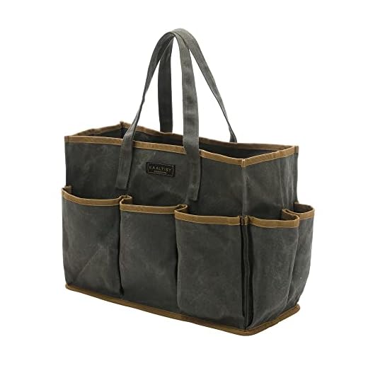 Tool Tote Bag, Heavy Duty 16oz Waxed Canvas Garden Tool Bag | Portable 11-Pocket Tool Storage Bag for Gardener Electrician Contractor Repairman (14"L x 5.5"W x 10.5"H) – Army Green