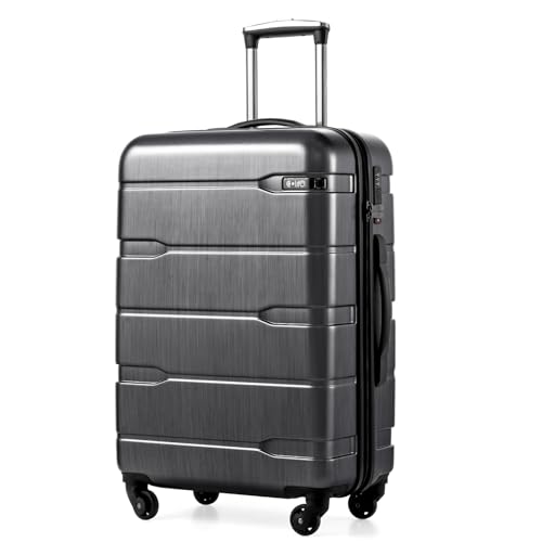 Coolife Medium Checked Luggage Hardside PC+ABS Suitcase with TSA Lock, Lightweight Rolling Carry On with Spinner Wheels(Charcoal, 24in) Charcoal Medium (24 in Checked)