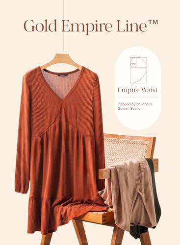 Image of Dokotoo Womens Dresses Long Sleeve V Neck Lightweight Ribbed Knit Empire Waist Casual A Line Swing Mini Dress