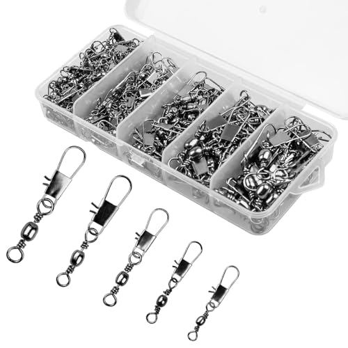 100PCS Barrel Snap Swivel Fishing Accessories with Ball Bearing Swivels Snaps Connector,5 Sizes Barrel Snap Swivel Fishing Tackle for Quick Linking of Lures and Lines