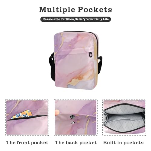 Crossbody Bag Pink Purple Gold Marble Messenger Bag for Women Men Purse Shoulder Bag Satchel Bag with Adjustable Strap 214B36672