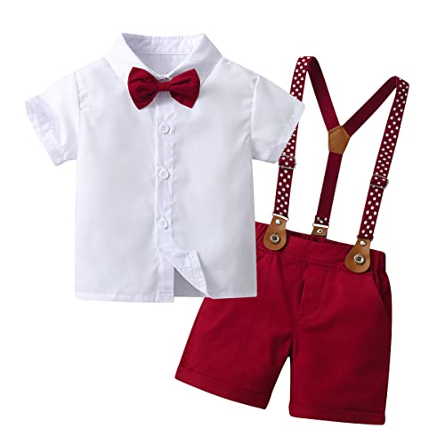 PureMilk Toddler Formal Set Boys Gentleman Outfit Suits, Short Shirt+Short Pants Set+Suspender+Bow Tie 4Pcs 3-4T