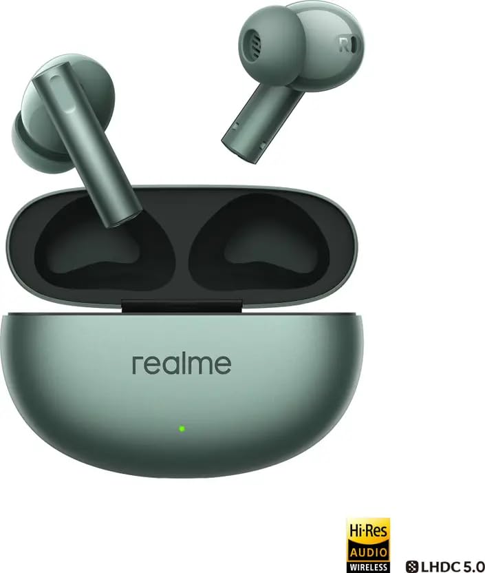 Image of Real Me Air 6 Buds | 50dB Active Noise Cancellation, Hi-Res LHDC Audio, 12.4mm Dynamic Bass Driver, 6 Mic Clear Voice Calls, 51,IP55 Waterproof,TWS for Apple & Android (Air 6, Forest Green)