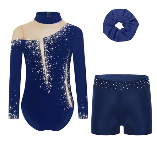 RUNQHUI Enfant Fille Justaucorps de Gymnastique Short Strass Brillant Ensemble Tenue Patinage Artistique Danse Spectacle A Bleu Marine 9-10 ans