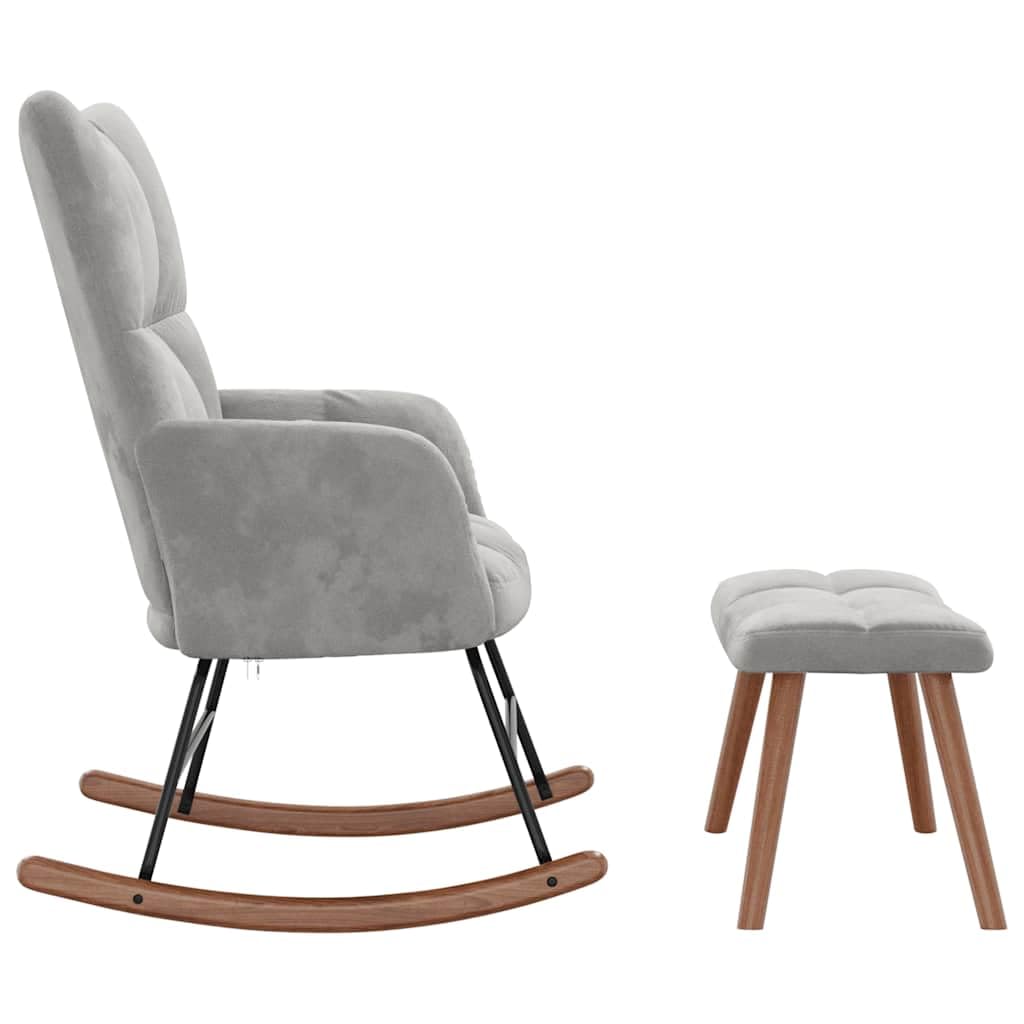 Mecedora moderna para interior con taburete, mecedora con estructura de acero y acolchado grueso, silla de relax con suave terciopelo gris claro