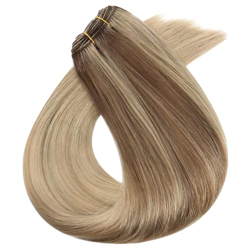 Image of Full Shine 24 Inch Invisible Weft Hair Extensions 105G Remy Human Hair | 10 /16 /16 Golden Brown Highlight Buttery Blonde, Invisible Weft, Party And Wedding, Long Styling, Women Looks