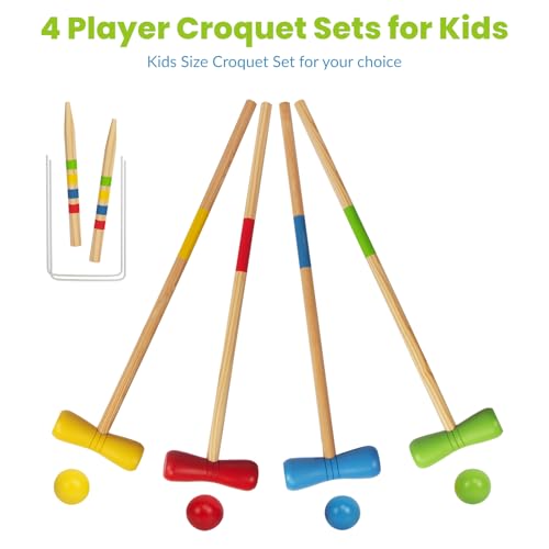Holz Krocket Set Spiel Crocket für 4 Spieler Kinder Erwachsene Außenbereich Krocketspiel Spielspaß für Jungen Mädchen ab 3 Jahren (Verschiedene)