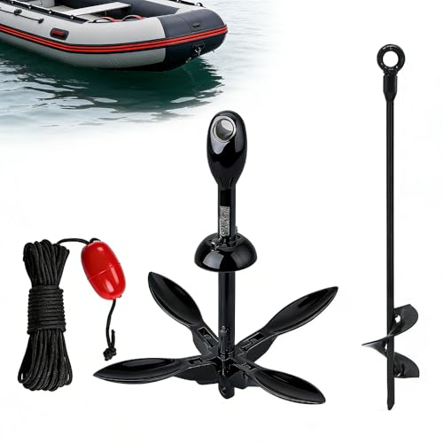 FUNTEN Anker Bootsanker 1 59 kg klappbar mit 12m Marine-Seil und Spiral Bodenanker für SUP und Schlauchboot