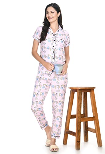 Image of Mysaa Women's Cotton Solid Printed Night Suit Set of Shirt & Pyjama