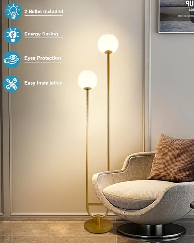 Image of 63IN Dimmable Floor Lamp with Shelf, Unique Globe Gold Tall Standing Lamps with 2 Bulbs, 3000K Warmwhite Mid Century Modern Floor Lamp with 5Lbs Heavy Base for Living Room /Bedroom