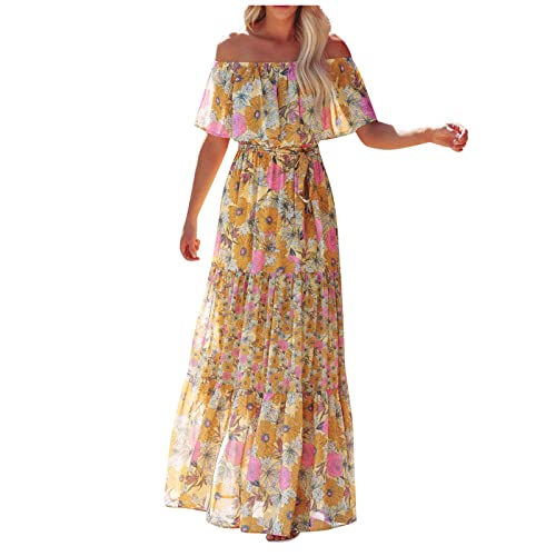 Boho Kleider Damen Sommer Schulterfrei Langes Abendkleid Mexikanisches Kleid Blumen Maxikleid Strandkleid Freizeitkleid Partykleid Cocktailkleid...