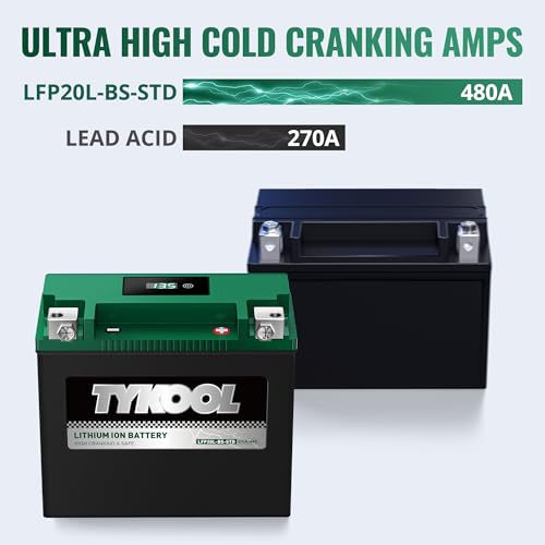 Image of TYKOOL LFP20L-BS-STD Lithium Battery, Replaces YTX20L-BS 65989-97C, 480CCA 8Ah Fits for Motorcycle ATV UTV PWC, Compatible with Harley Davidson Softail Fat Boy V-Rod Heritage Classic, Digital Readout