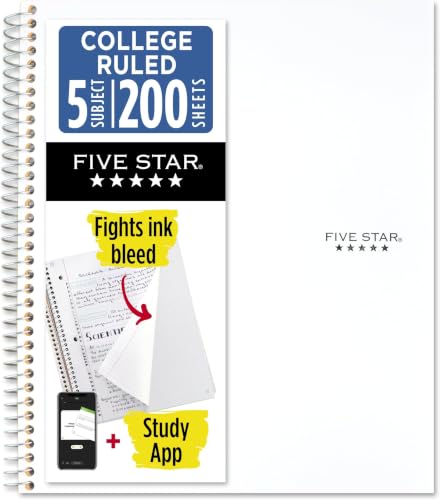 Image of Five Star Spiral Notebook, 5 Subject, College Ruled | 8-1 /2 inch x 11 inch | 200 Sheets | Water Resistant Cover | White | Pack of 6