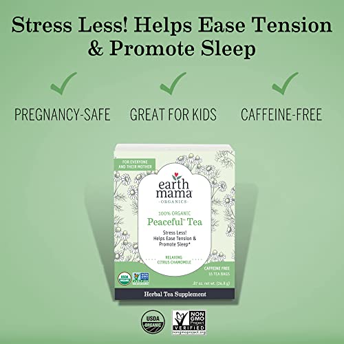 Earth Mama Organic Peaceful Tea | Stress Less! Calming, Relaxing Herbal Blend Safe For Pregnancy & Beyond, 16 Teabags Per Box #TOP1
