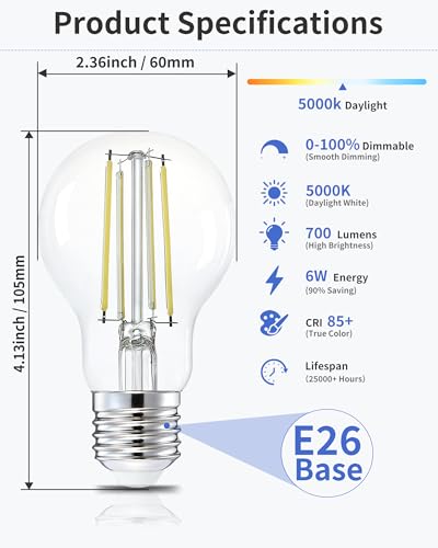 Image of Lafoy LED Edison Bulb 5000K Daylight, Dimmable 60 Watt Equivalent A19 Globe Light Bulbs, Vintage E26 Medium Base Antique Style, 700 Lumen 60W Replacement Bright White, 120V 6 Pack