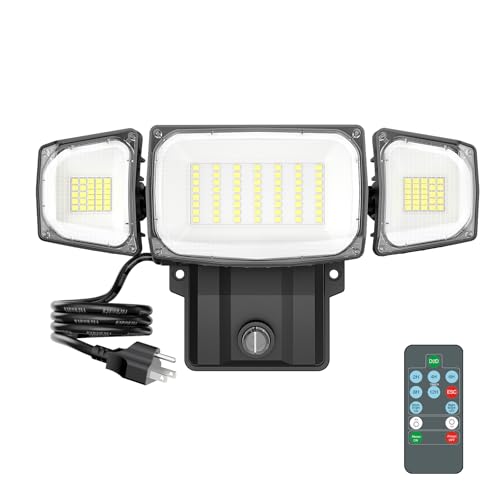 Olafus 80W Plug in Flood Lights Dusk to Dawn Outdoor Lighting 8000LM Exterior LED Security Light with Remote IP65 Waterproof 6500K 3 Adjustable Heads Photocell Light for Yard Garage Black