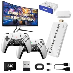 Retro Game Console Stick Pro, Built-in 23 Emulators 20000+ Classic Video Games with 4K HDMI and Dual 2.4G Wireless Controllers (64GB) Plug Preloaded Electronic Game (64G)