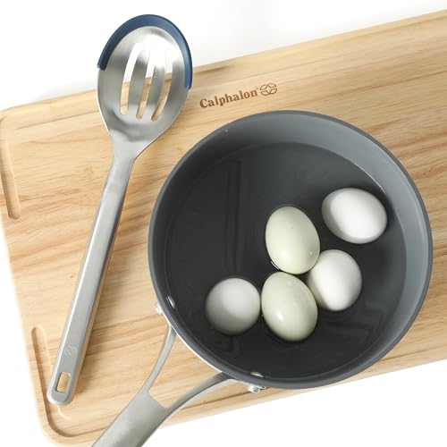 Image of Calphalon Prime Slotted Spoon Skimmer, Stainless Steel Straining Spoon with Navy Silicone Rim, Heat-Resistant Nonstick-Safe Kitchen Spoon for Draining, Cooking & Serving