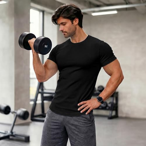 Image of JMIERR Mens Short Sleeve T Shirt Summer Muscle Slim Fitted Crewneck Longline Tees Shirts for Gym Workout