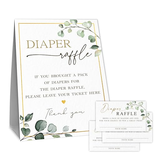 Baby Shower Diaper Raffle Game Set, 1 Standing Sign & 50 Diaper Raffle Tickets, Golden & Greenery, Supplies & Decorations For Gender Reveal, Baby Announcement, Baby Shower - A07
