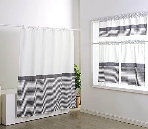 Emsty 78 Inch Long Modern Farmhouse Turkish Shower Curtain, Liner & Hooks Set, Charcoal Gray And White Boho Tassel Cotton Striped Fabric Bathroom Shower Curtains French Country Cottage Bathroom Decor #TOP3