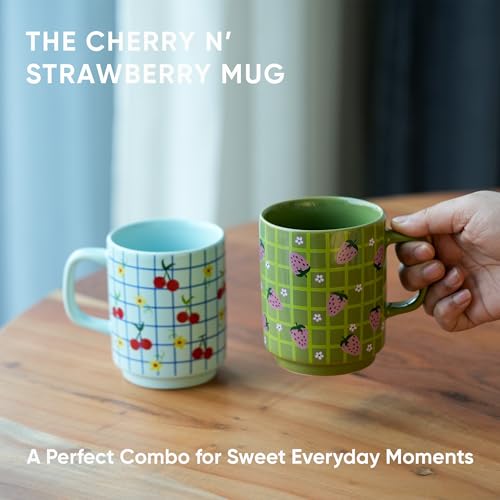 Image of Shay Ceramic Mug, 2 Pc, Strawberry & Cherry, 300ml | Glossy Finish | Ceramic Coffee Cup | Porcelain | Microwave Safe (Rise Mug - 2Pc - Strawberry & Cherry)