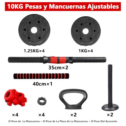 EIGFOH Juego de Mancuernas 4 en 1 10/15/20/30/40/50KG Con Pesa Rusa, Barra Recta de Conexión, Mangos Antideslizantes, Pesas Ajustables, Gimnasio en Casa (Rojo 10KG) - imagen 6